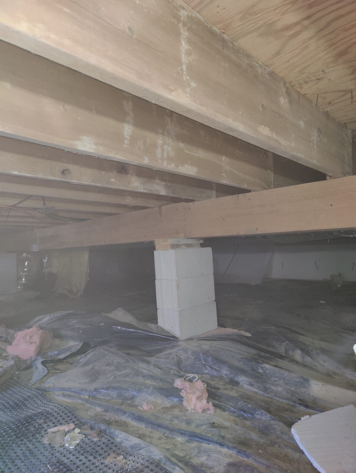 A wooden ceiling with a lot of white spots on it.