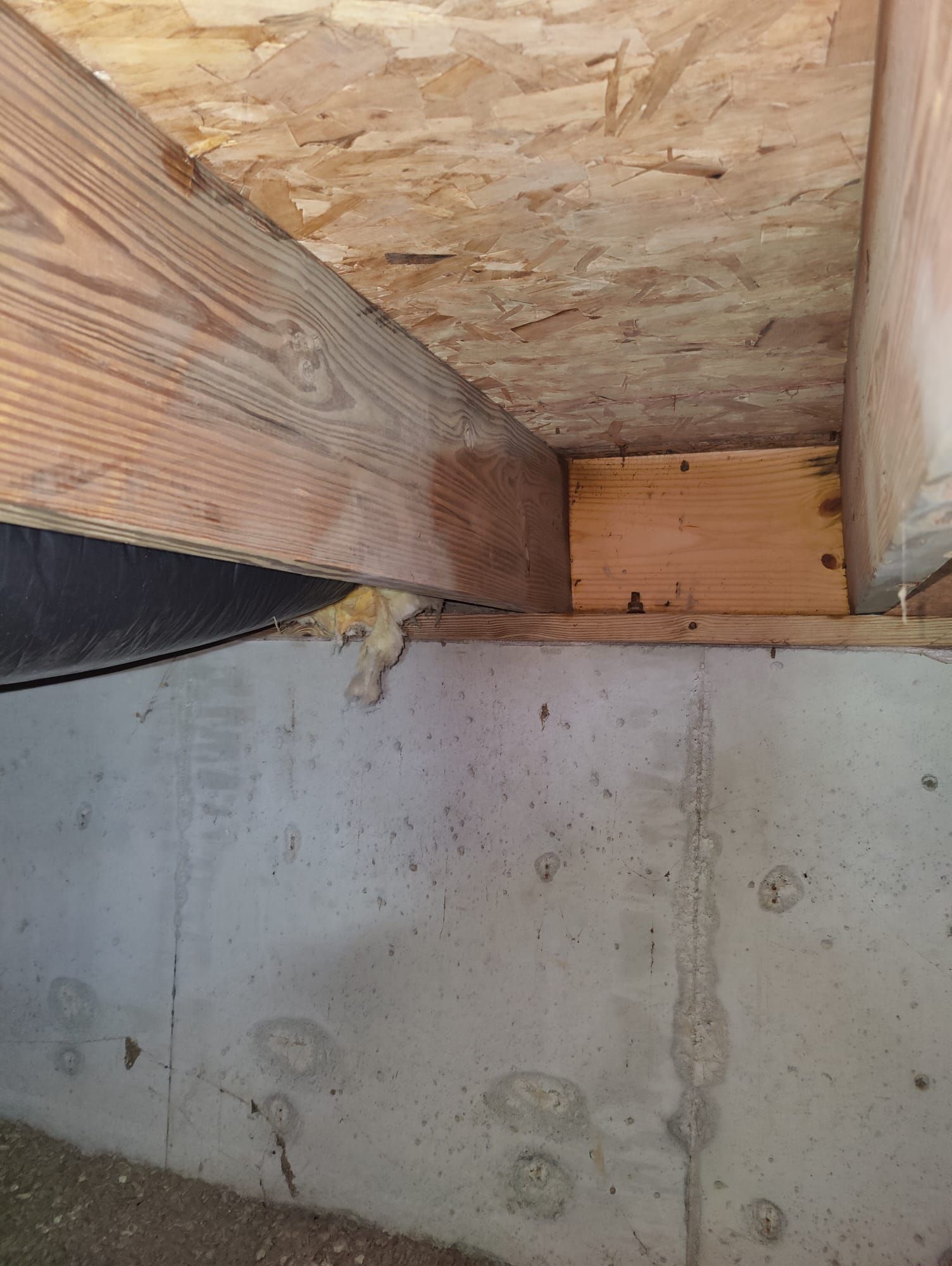 A wooden beam is sitting under a concrete wall in a basement.