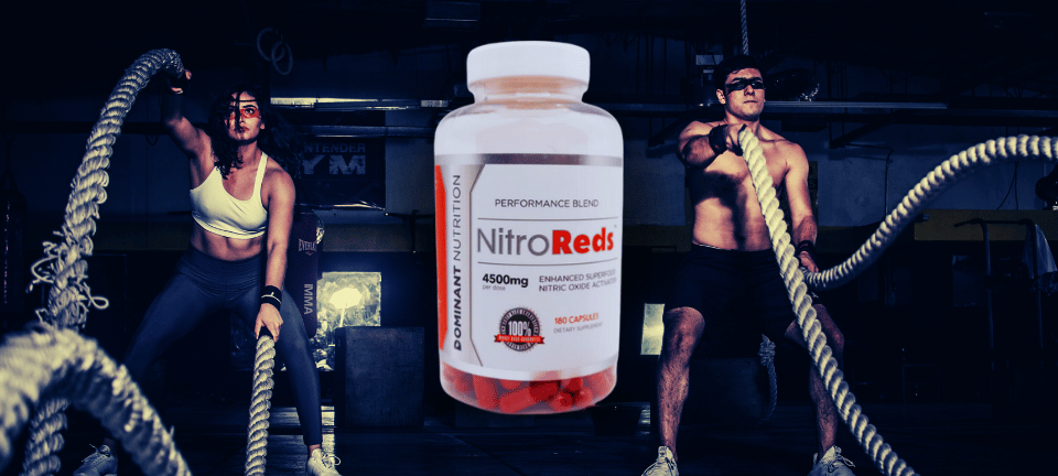 Athletes exercising and a bottle of Nitro Reds
