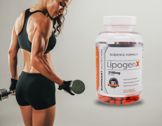 LipogenX Product next to a woman doing curls