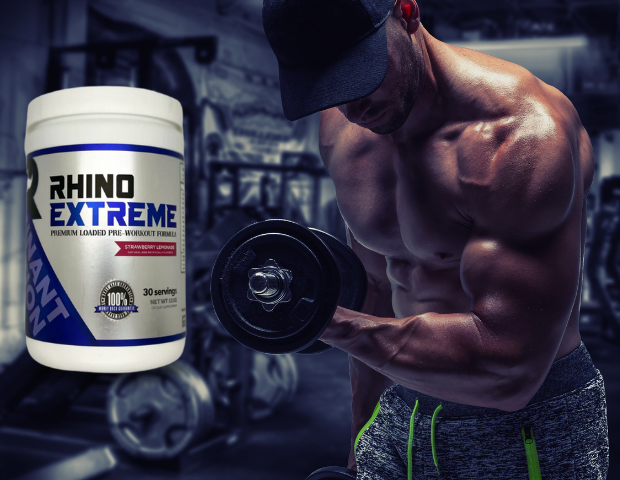 Rhino Extreme Product next to a bodybuilder doing curls