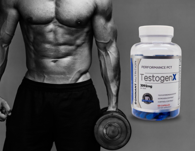 Testogen X Product next to a male bodybuilder doing curls
