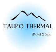 A logo for taupo thermal motel and spa with a mountain in the background.