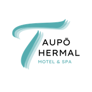 A logo for taupo thermal motel and spa with a mountain in the background.
