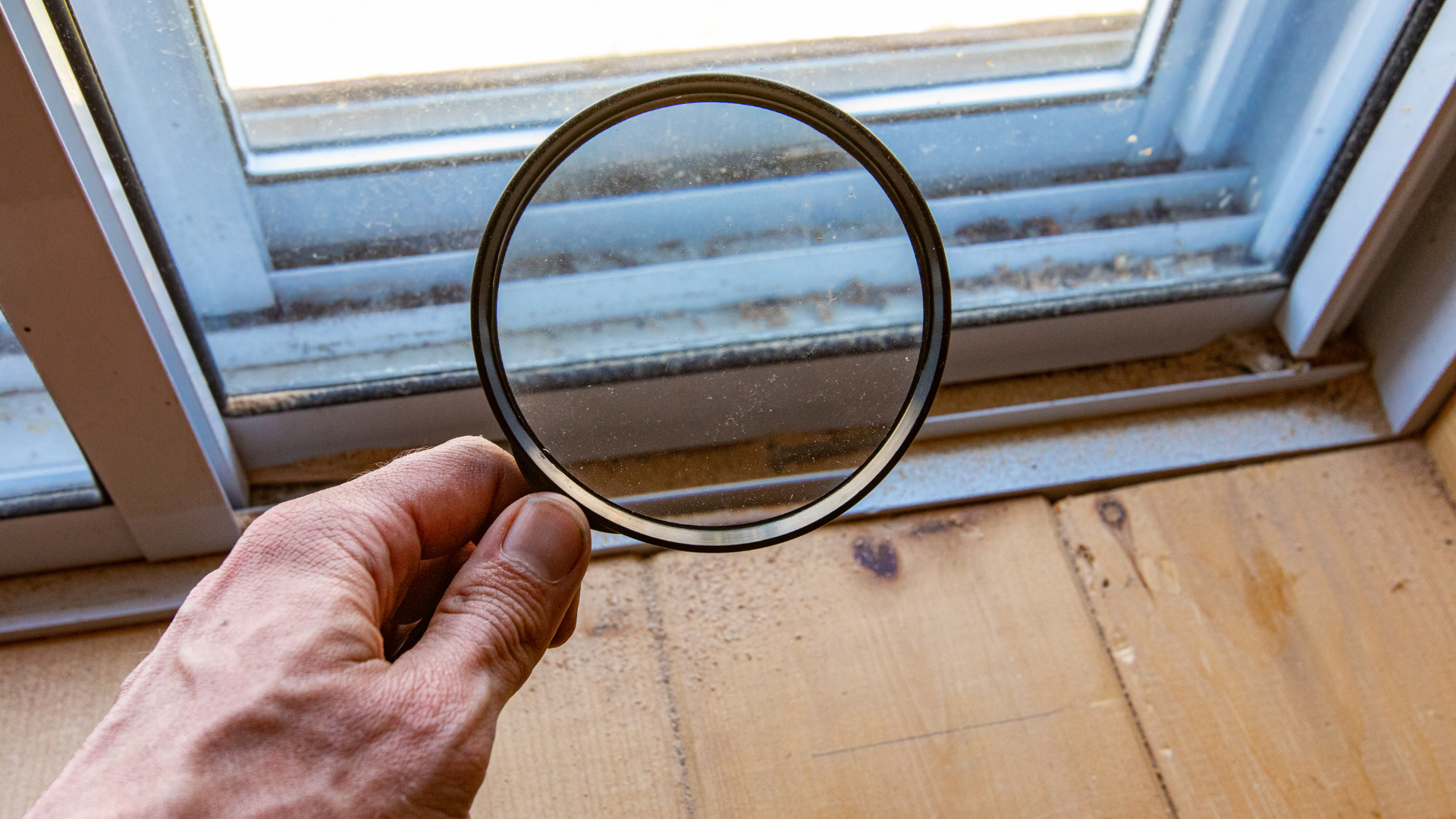 A person is holding a magnifying glass over a window.