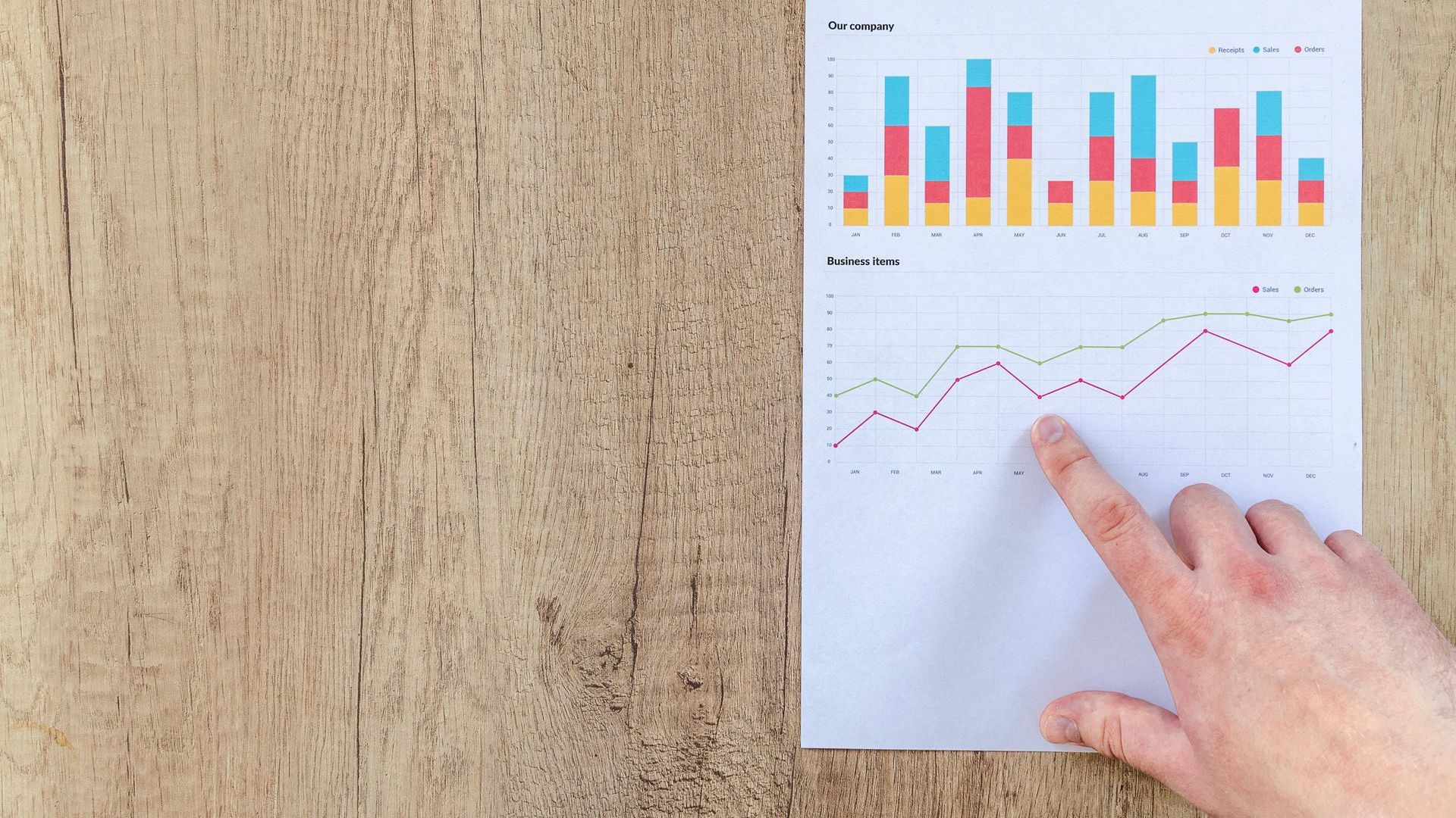 A person is pointing at a graph on a piece of paper.