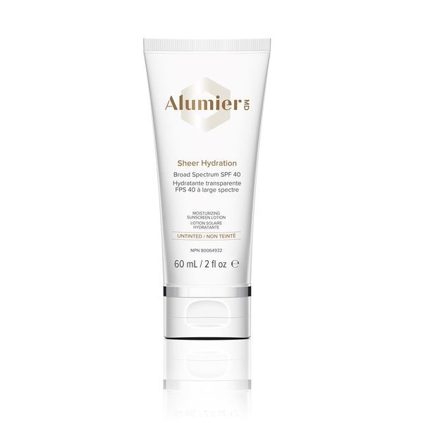 A white tube of alumier 's sheer hydration sunscreen