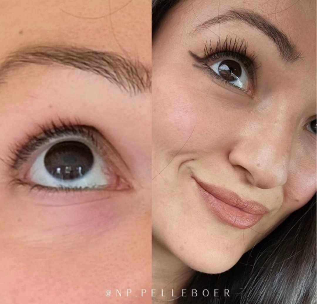 A close up of a woman 's eye and a close up of a woman 's face