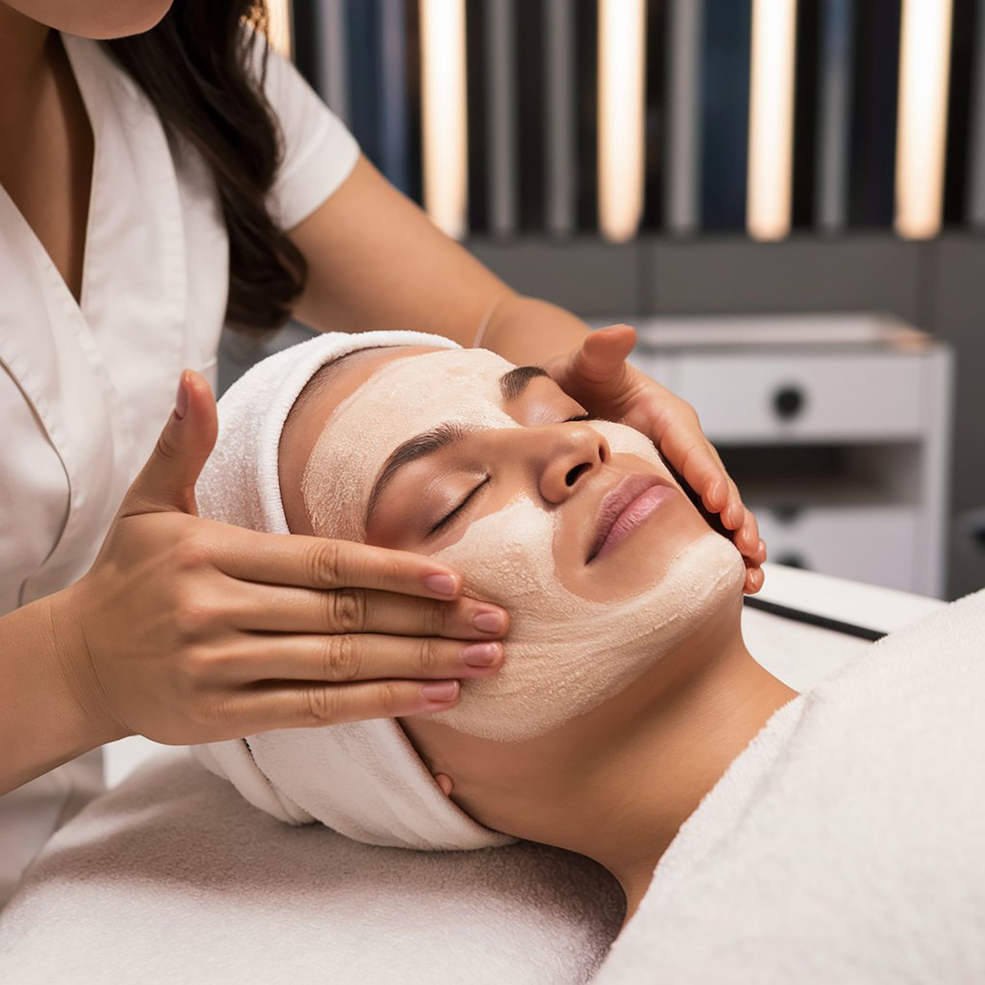 A woman is getting a facial treatment at a spa.