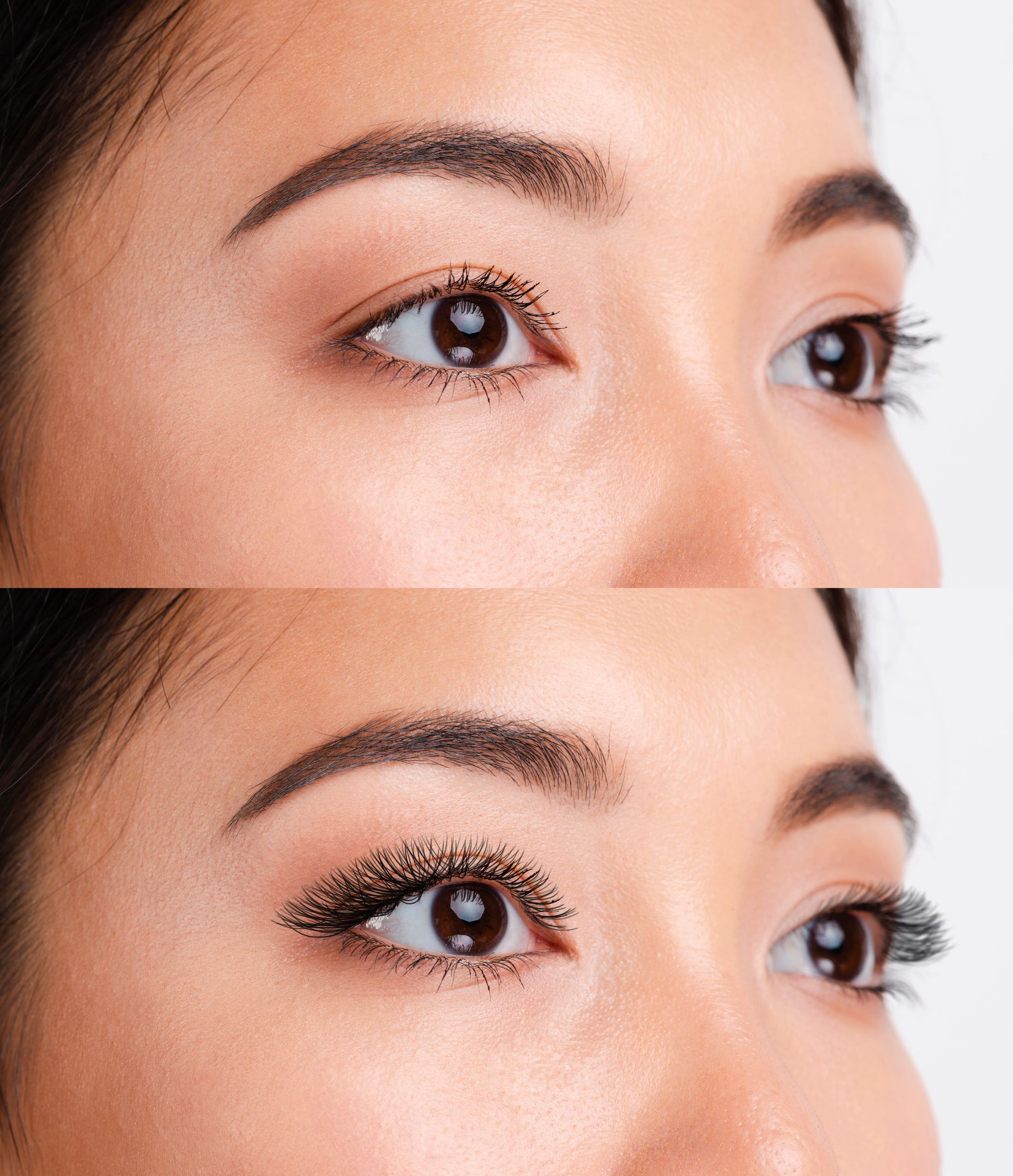 Close-up comparison of an eye with and without mascara, showing fuller lashes and defined brows