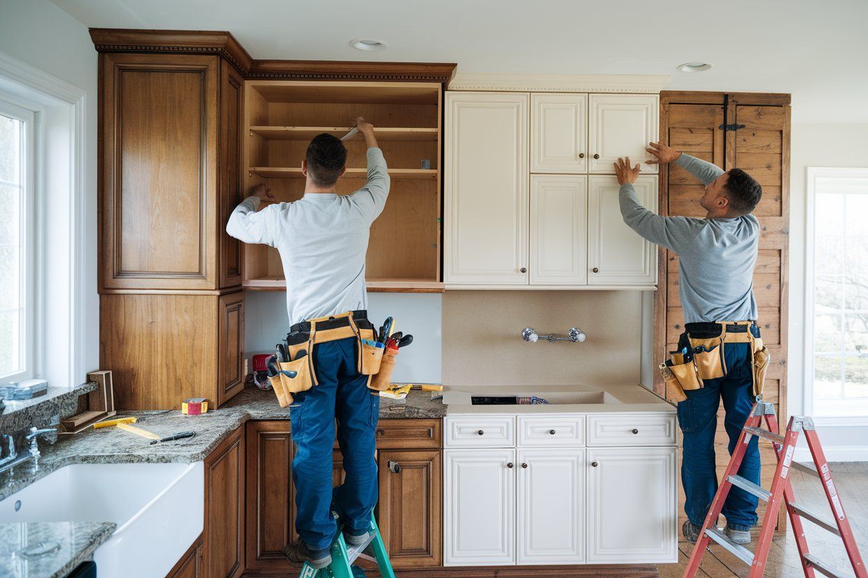 Two men are installing cabinets in a kitchen.