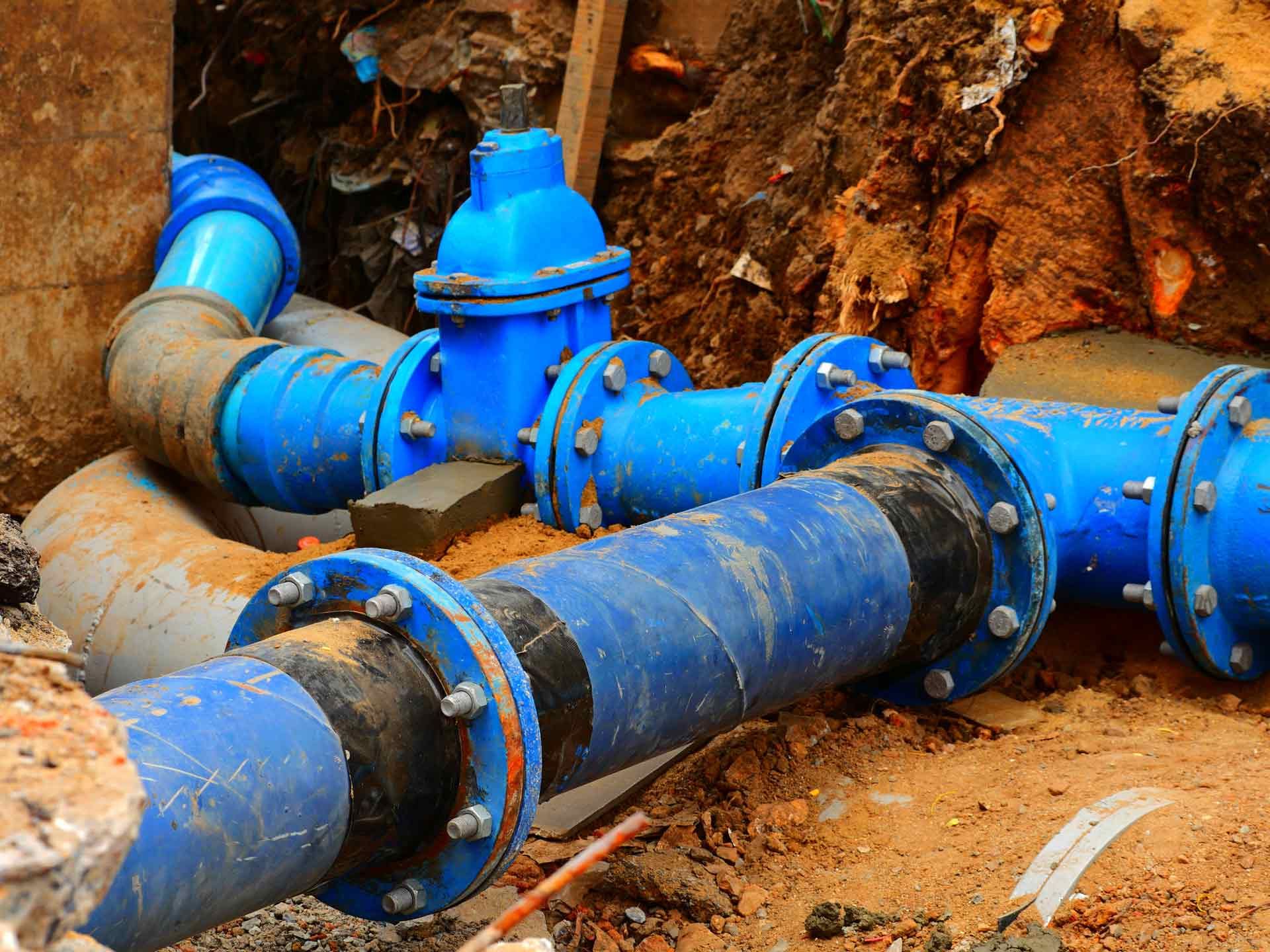 A bunch of blue pipes are laying in the dirt.