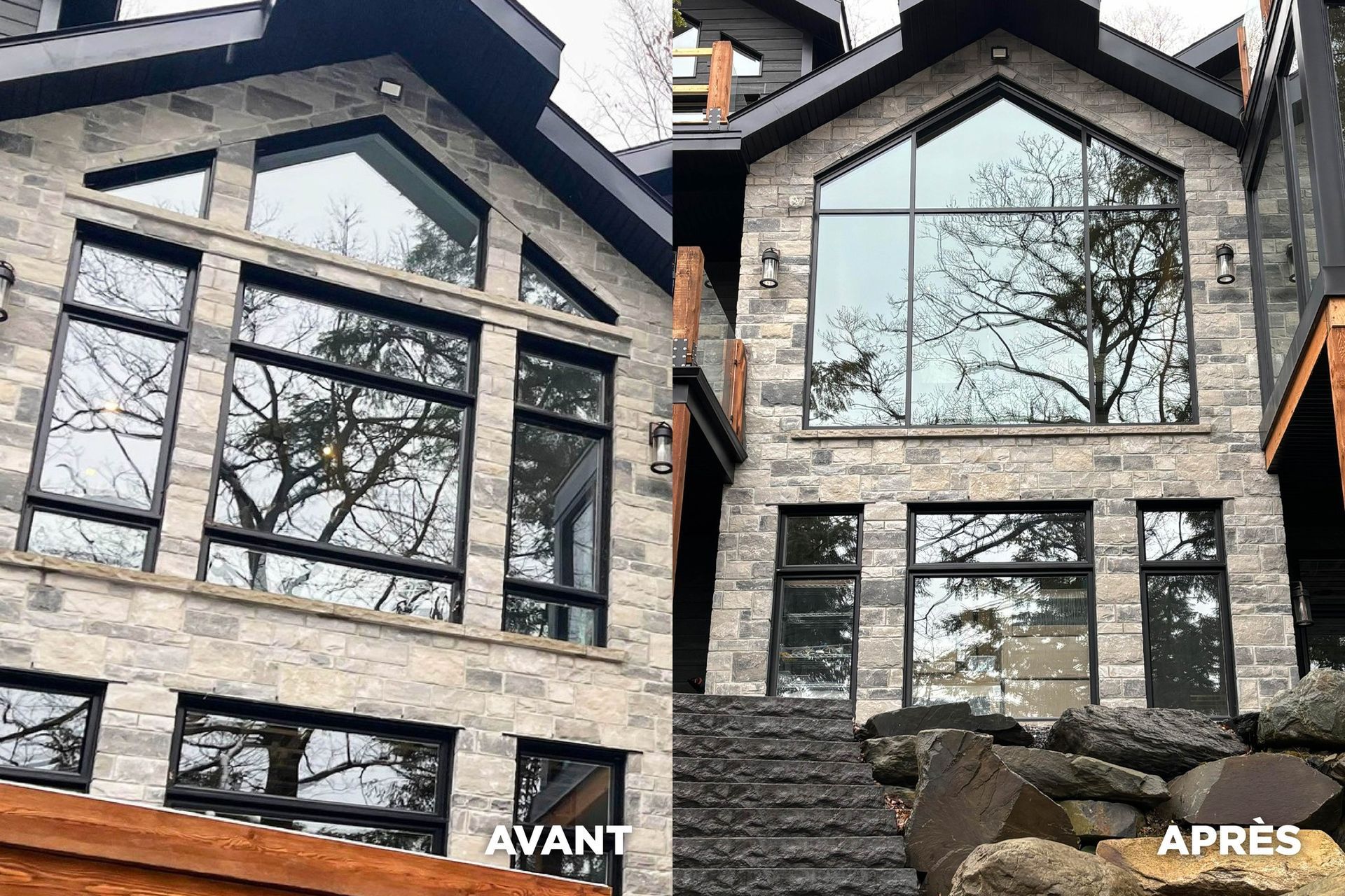Une photo avant et après d'une maison avec beaucoup de fenêtres.