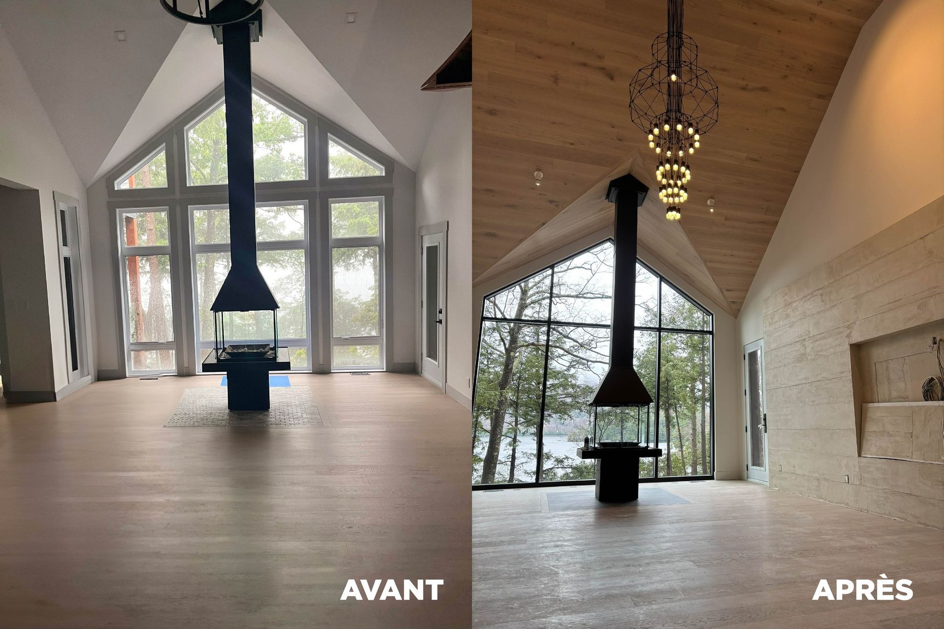 Une photo avant et après d'un salon avec cheminée.