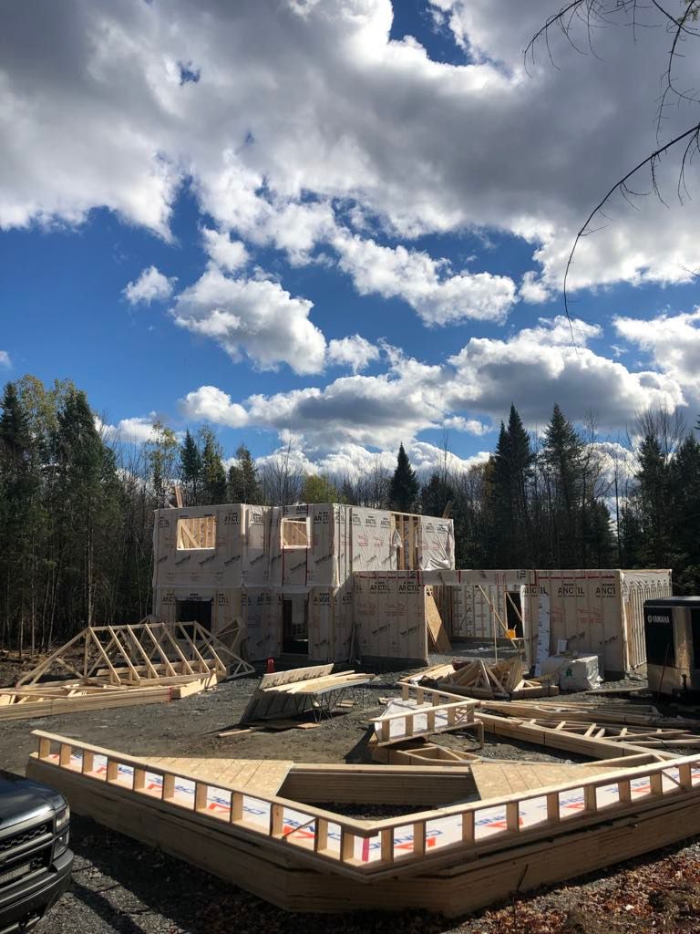 Une grande maison est en construction au milieu d'une forêt.