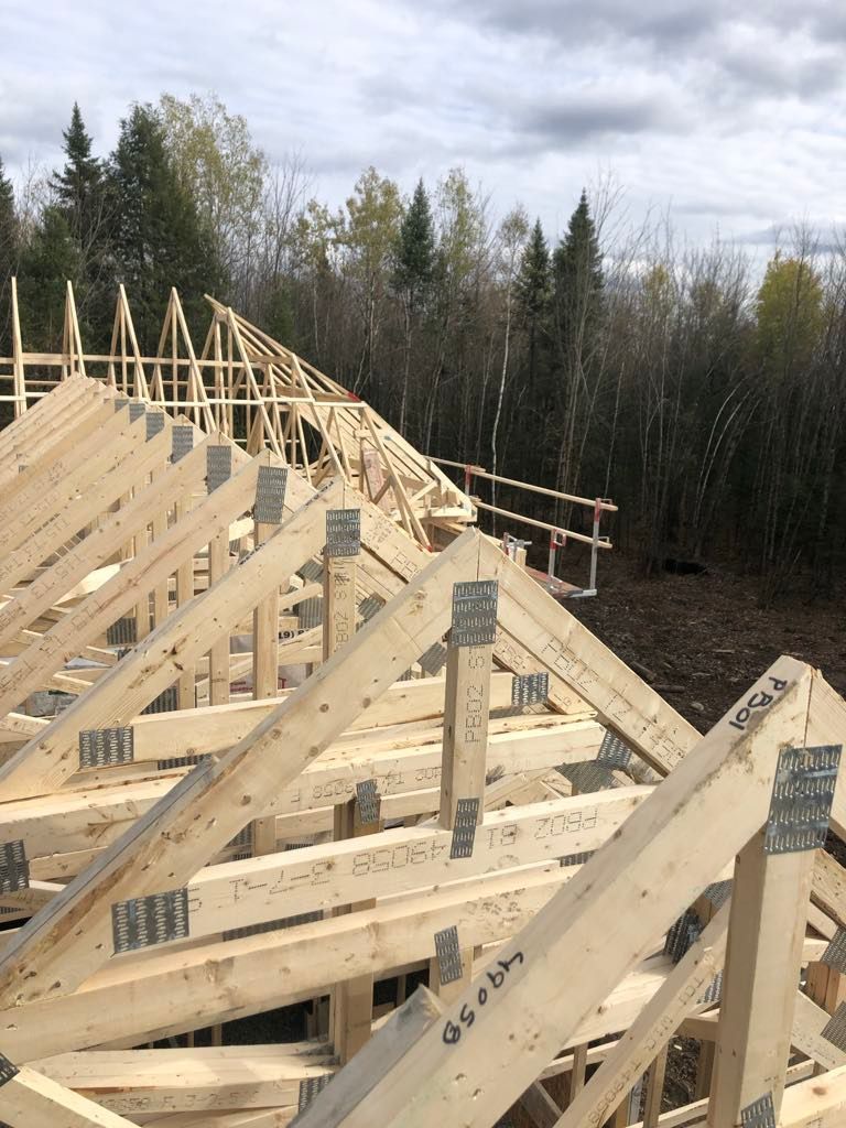 Une grande structure en bois est en train d'être construite au milieu d'une forêt.