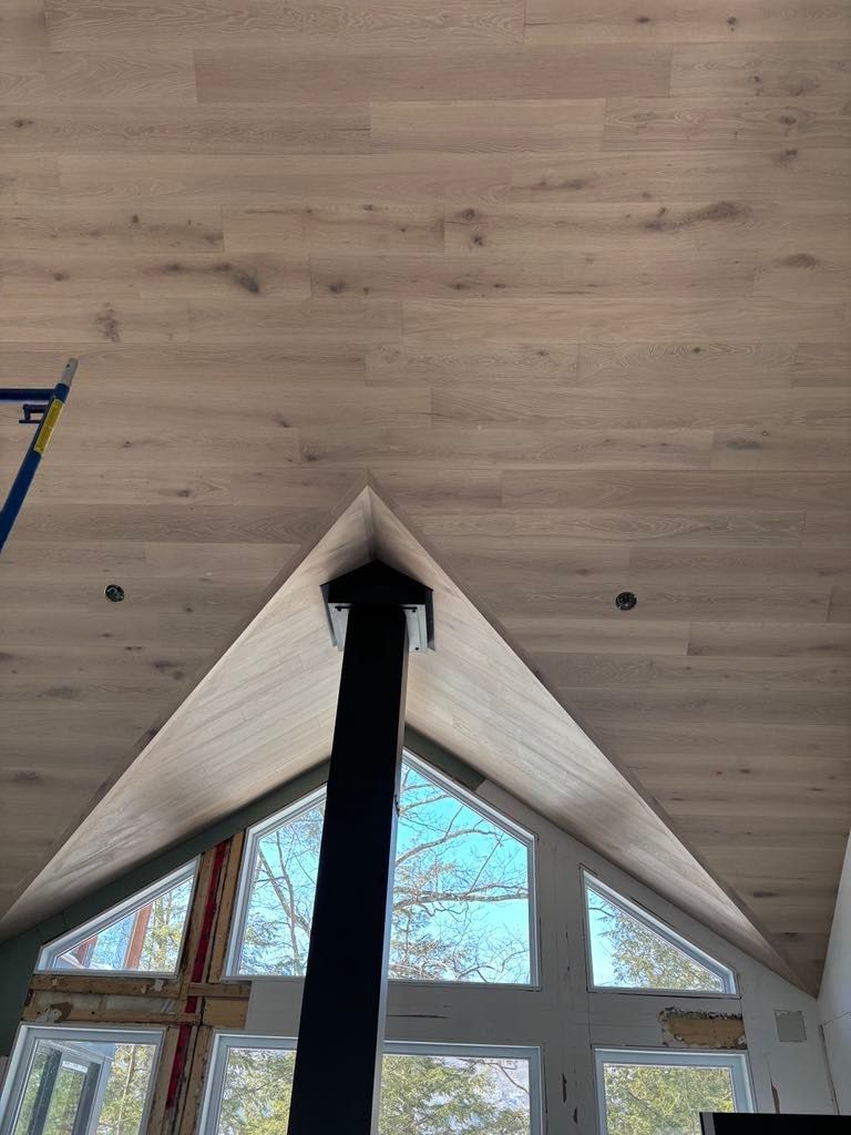 Un salon avec un plafond voûté et une cheminée.