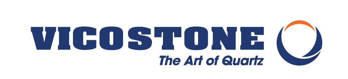 Un logo bleu et orange pour vicostone l'art du quartz