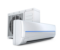 Two air conditioners are sitting next to each other on a white background.
