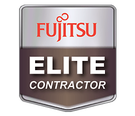 A fujitsu elite contractor logo on a white background.