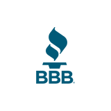 A blue bbb logo with a flame on top of it.
