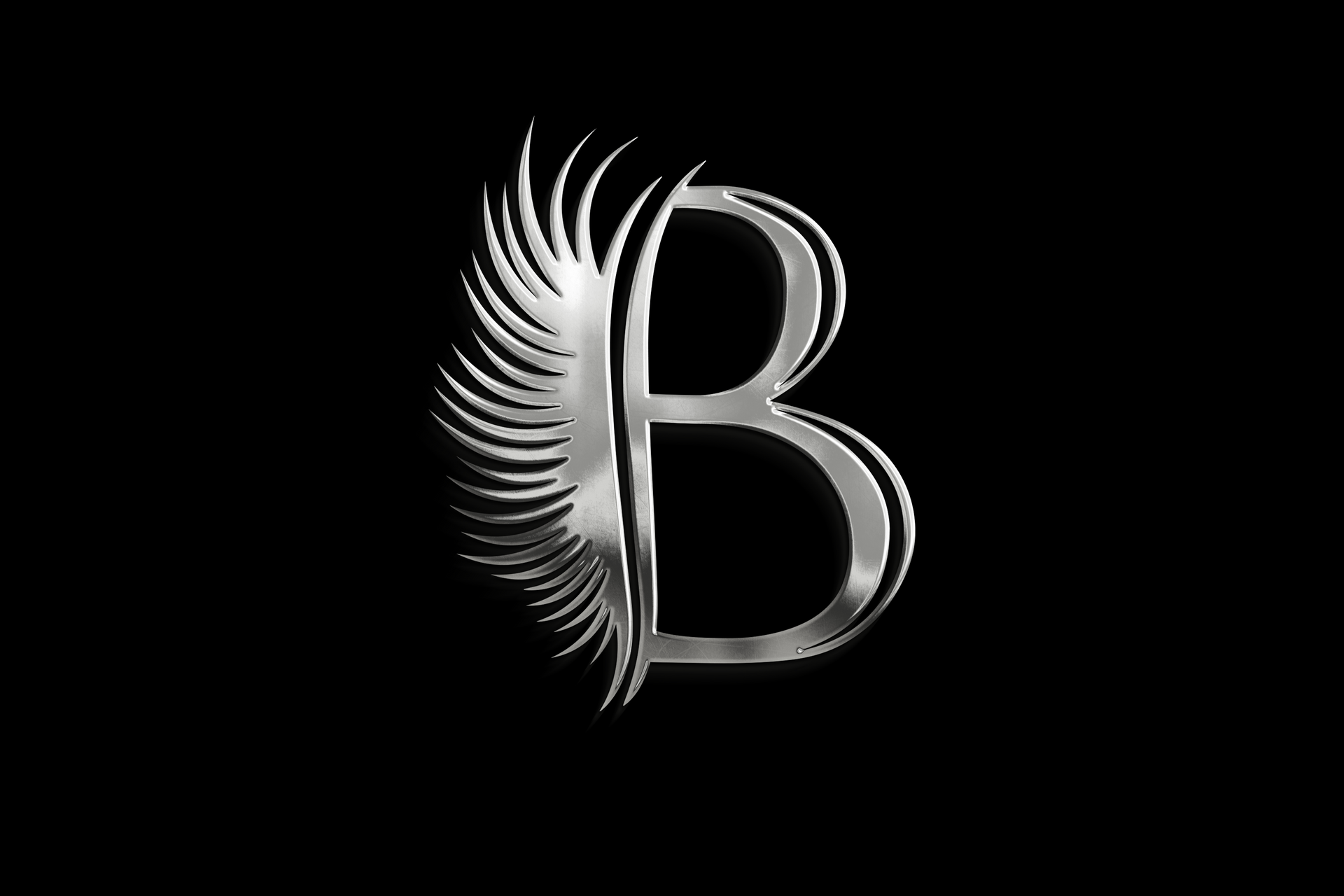 The letter b is surrounded by a feather on a black background.