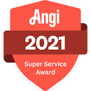 A red shield with the words `` angi 2021 super service award '' written on it. — Tukwila, WA — Bel-Red Windows & Doors
