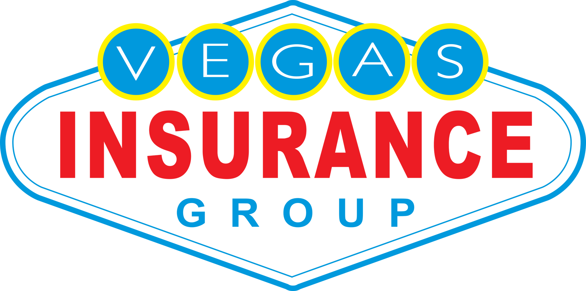 Logo for Vegas Insurance Group. Red text on a white and blue sign with "VEGAS" above.