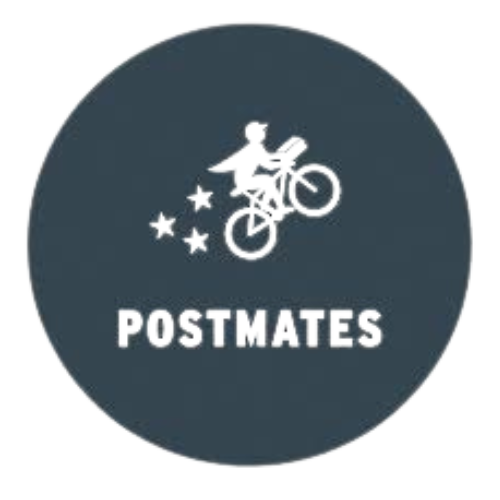 Postmates logo: white silhouette of a person on a bicycle delivering food with stars on a dark blue background.