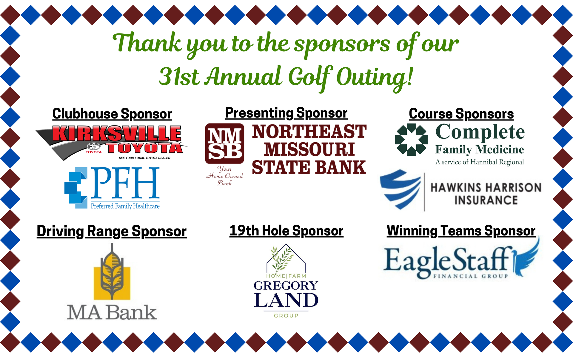 Sponsors listed for the 31st Annual Golf Outing: businesses, logos, names.