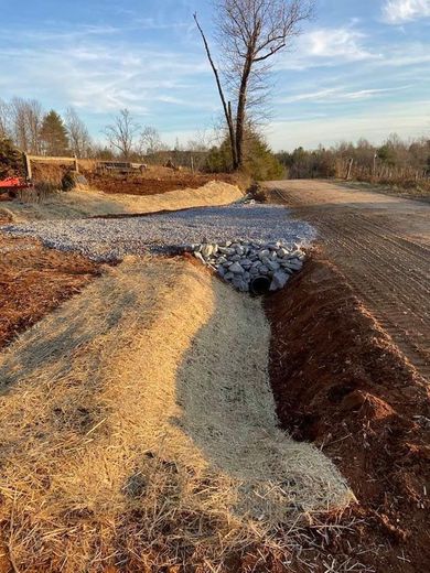 A dirt road with a tree in the background and a trench in the middle of it.