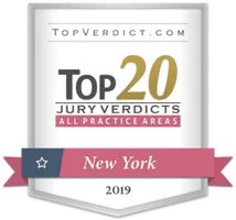 Top 20 Jury Verdicts badge for New York, 2019. Pink banner with star, gold and gray text.