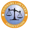 Yonkers Lawyers Association logo: Scales of justice in a blue globe, orange border.
