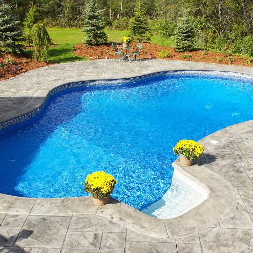 A blue swimming pool surrounded by a gray patio, with yellow potted flowers and a grassy background.