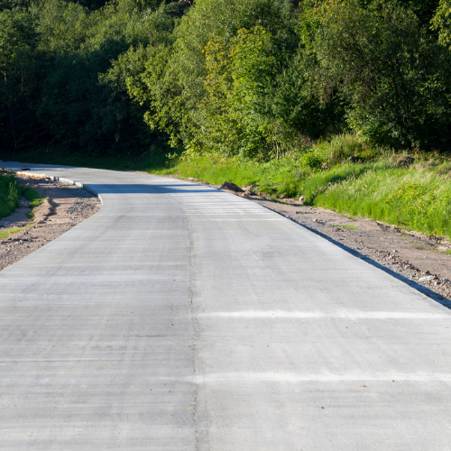 Newly paved gray concrete road leading into a forest with green trees and grass on either side.