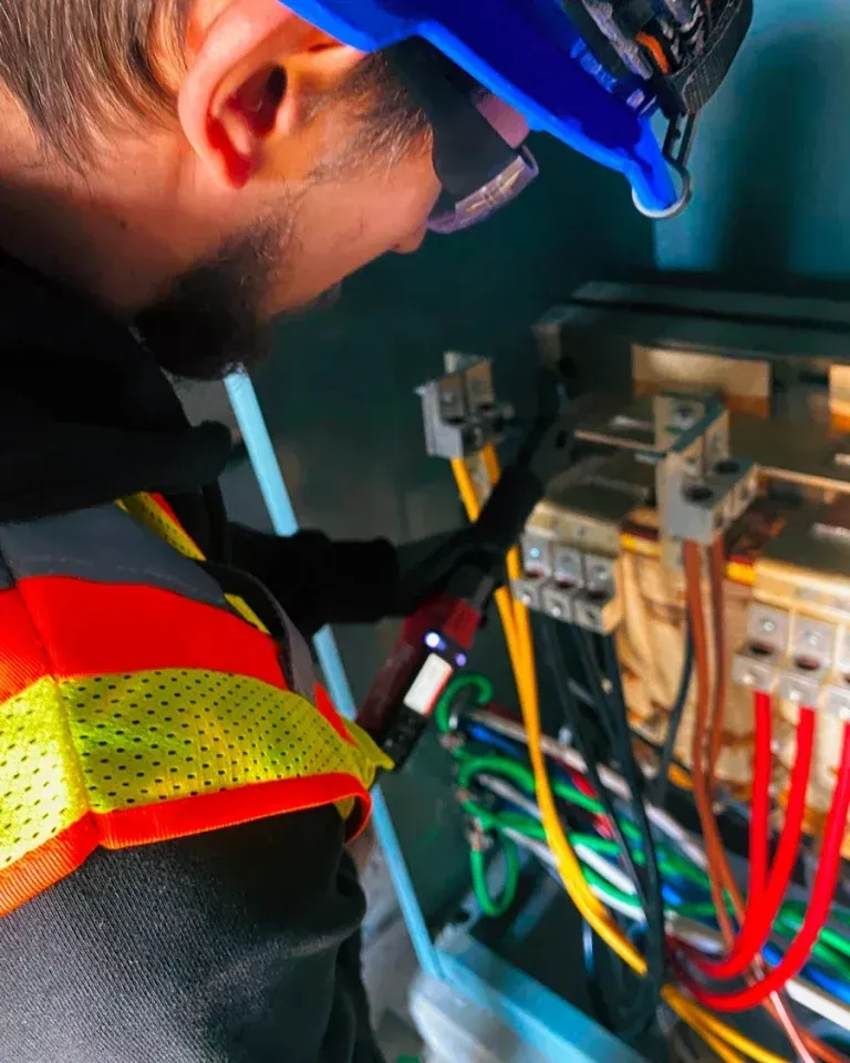 Electrician inspecting wires in a panel, wearing safety gear and a headlamp.