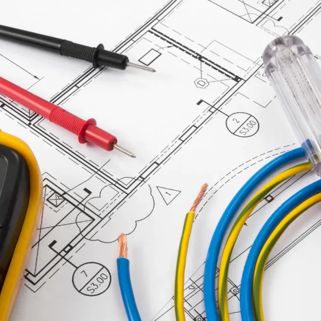 Electrical blueprint with tools: multimeter, screwdrivers, and wires, for electrical work.