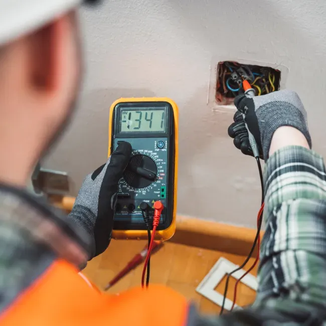 Electrician using a multimeter to test a wall outlet; indoor setting.