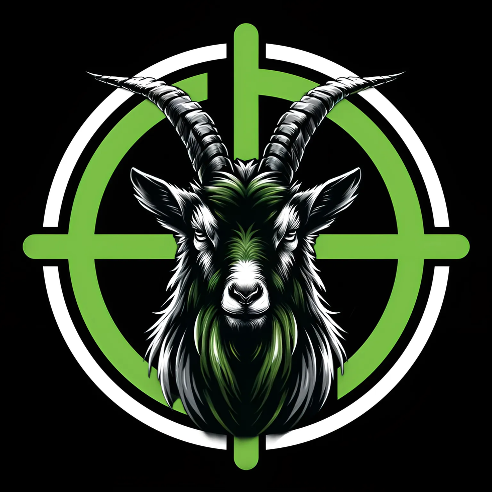 A goat head with large horns in a green crosshair target on black background.