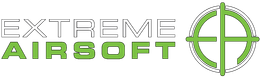 Logo for Extreme Airsoft: white outlined text "EXTREME" above green "AIRSOFT." A green crosshair target is to the right.