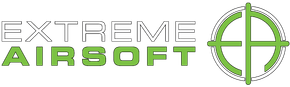 Logo for Extreme Airsoft: white outlined text "EXTREME" above green "AIRSOFT." A green crosshair target is to the right.