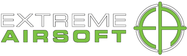Logo for Extreme Airsoft: white outlined text "EXTREME" above green "AIRSOFT."  A green crosshair target is to the right.