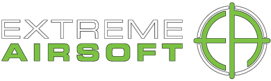 Logo for Extreme Airsoft: white outlined text "EXTREME" above green "AIRSOFT."  A green crosshair target is to the right.