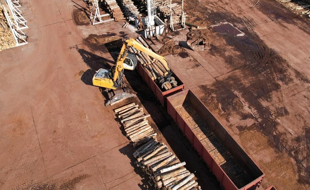 Yellow Excavator is Loading Logs Into a Truck — Hannant Plant Hire in Robina, QLD