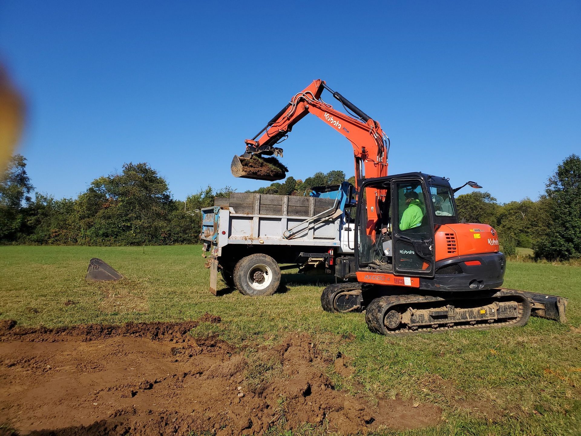 An orange excavator lifts a shovel of dirt into a dump truck parked in a grassy field under a clear blue sky.