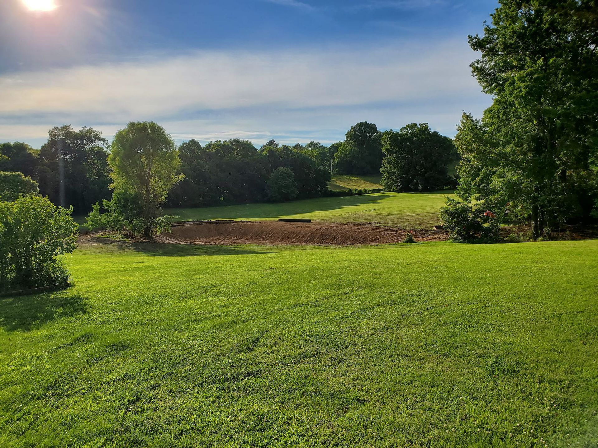 A sunny, vibrant green field with a patch of turned earth in the distance, surrounded by a dense forest under a blue sky.