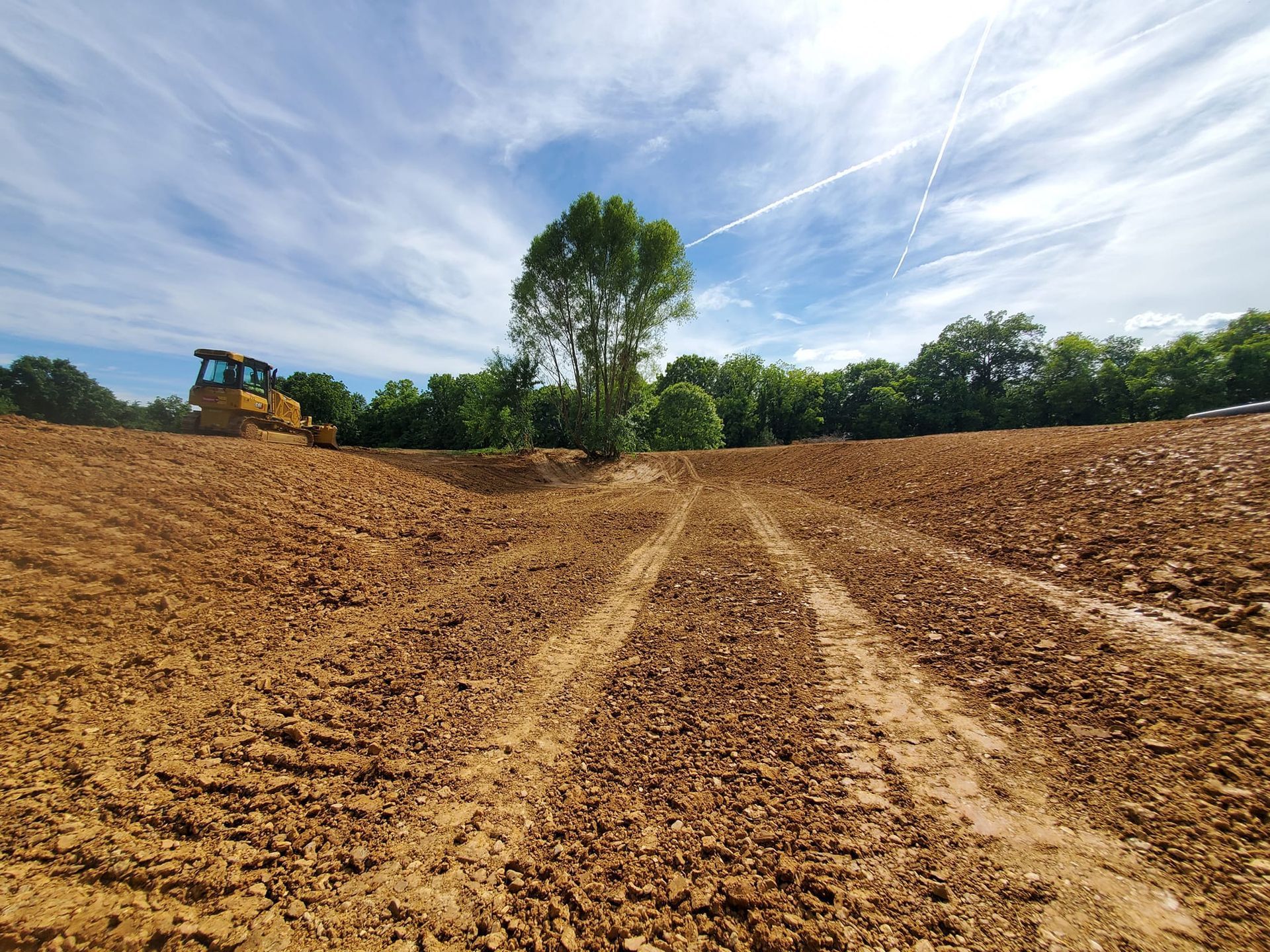 A large yellow bulldozer sits in a cleared, muddy construction site beneath a blue sky with a large tree in the center.