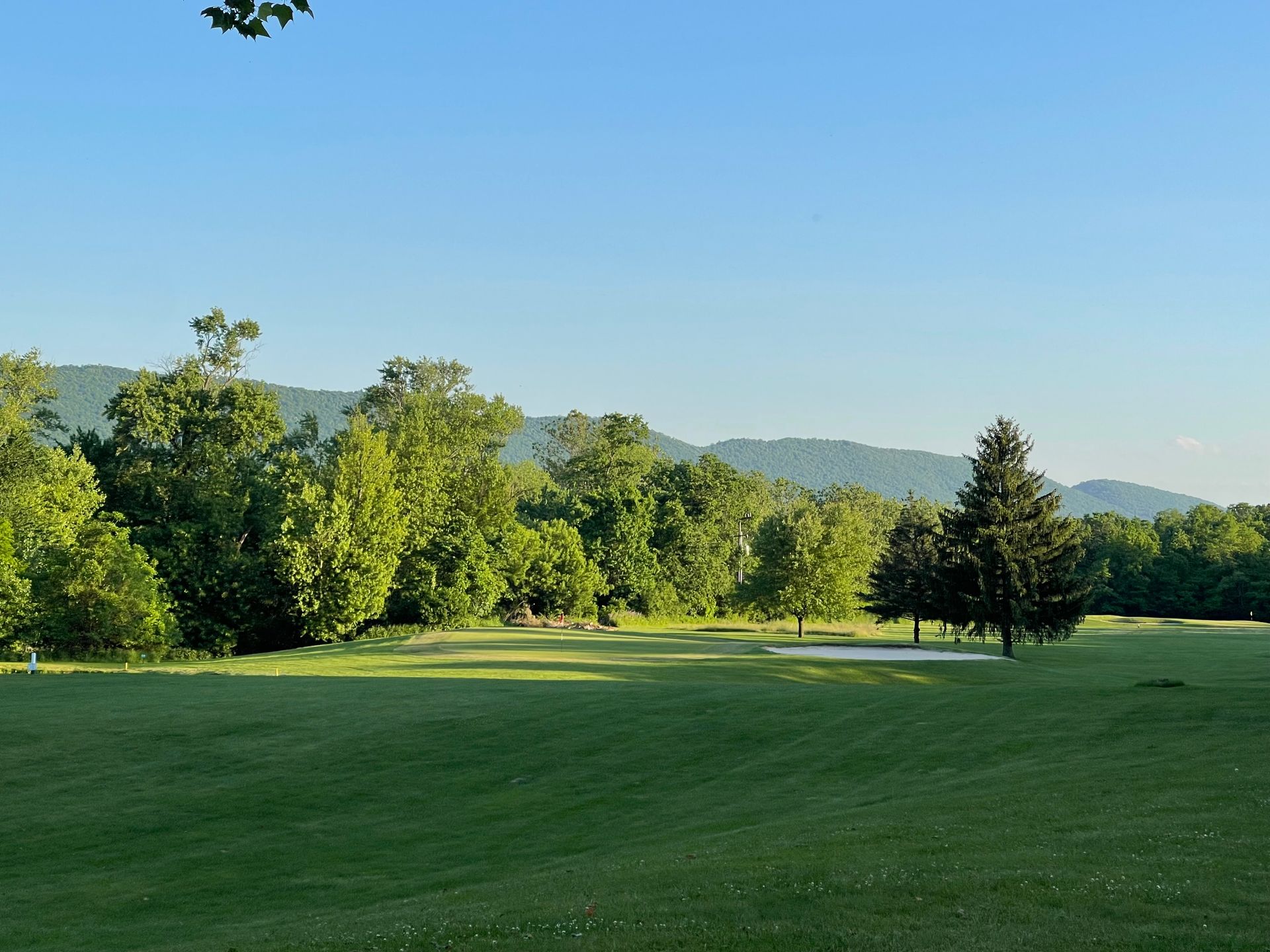 A golf course with trees and mountains in the background