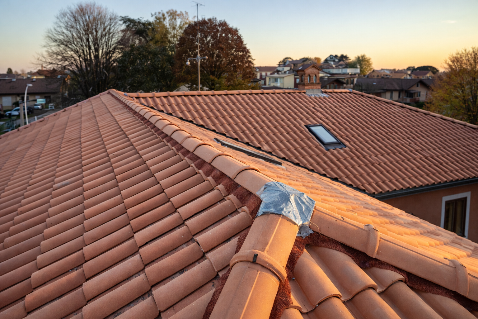 Veranda in vetro e metallo con tetto in tegole di terracotta.