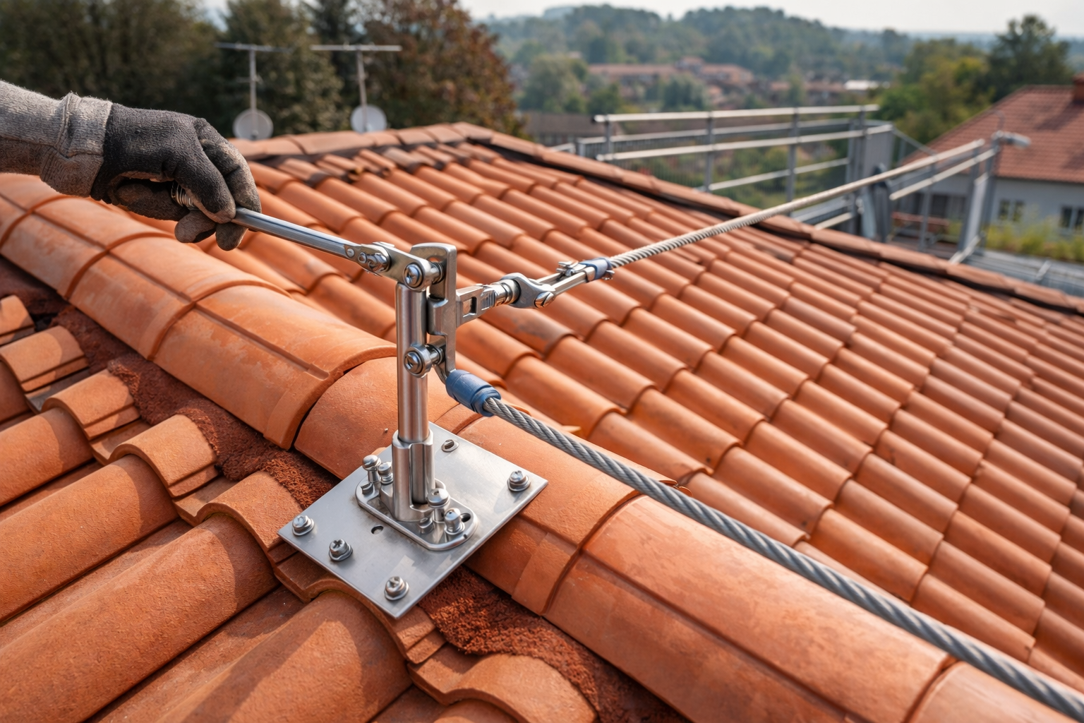 Balcone con tetto in vetro e tegole. Gli attrezzi sono appoggiati su una struttura parzialmente assemblata.